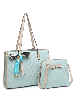 2In1 Quilted Tote Bag with Ribbon Scarf Set 716545 GREEN